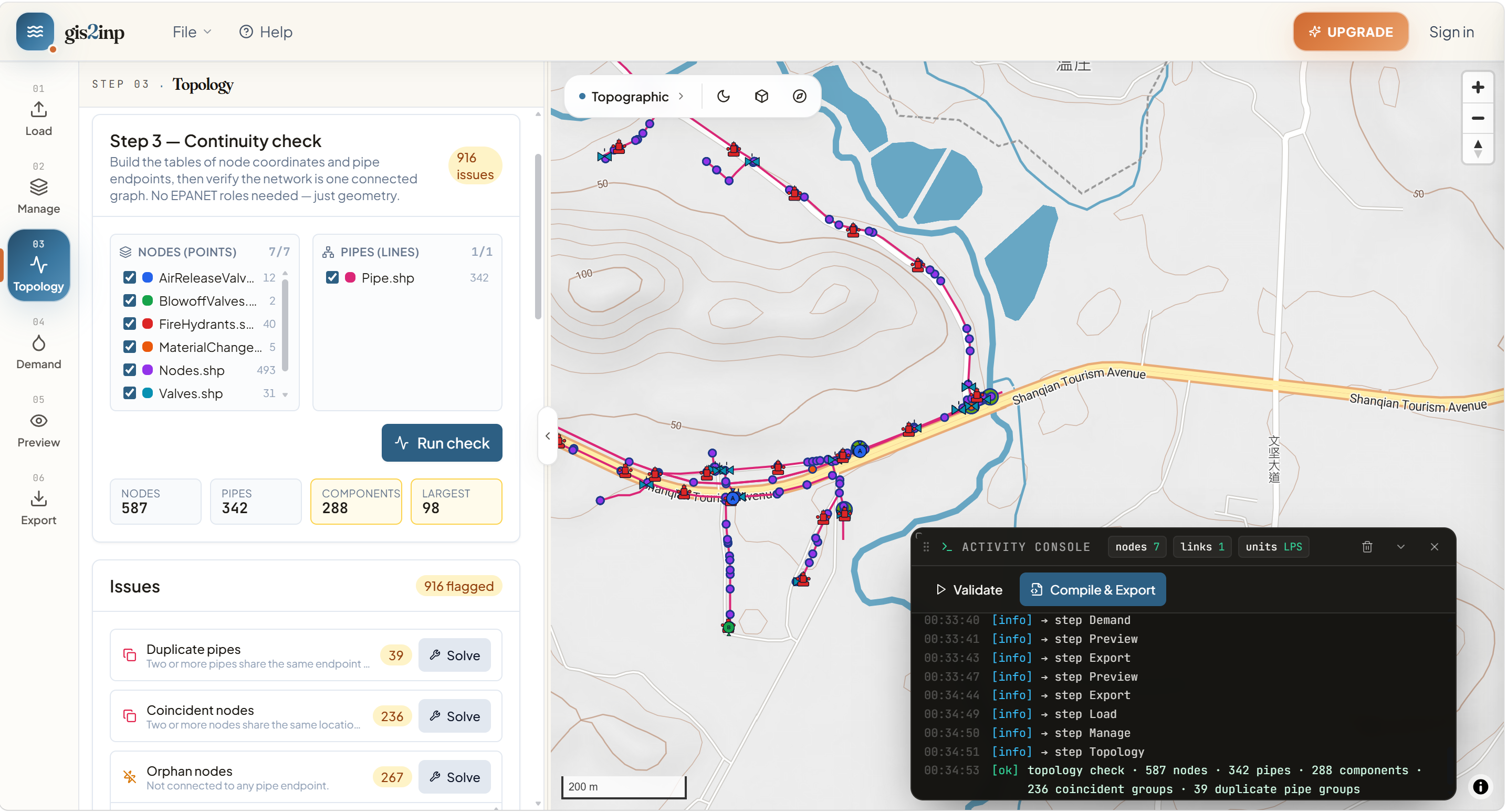 gis2inp workbench — layer manager, map preview, and step wizard